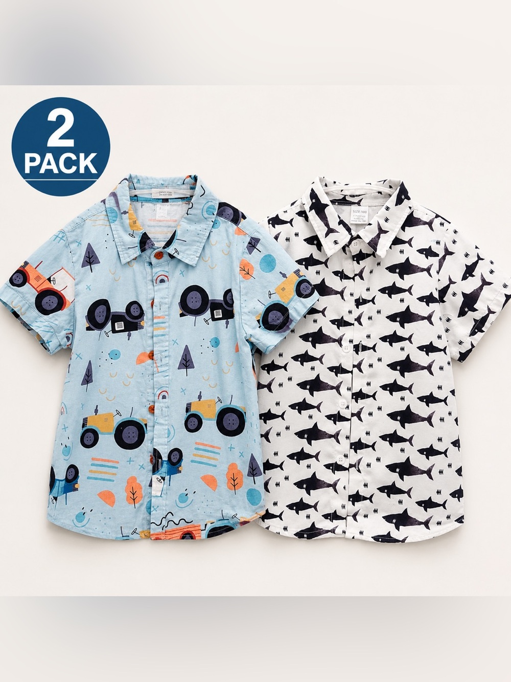 Set of 2 Boys Short-Sleeve Button Shirts - Blue Tractor & White Shark